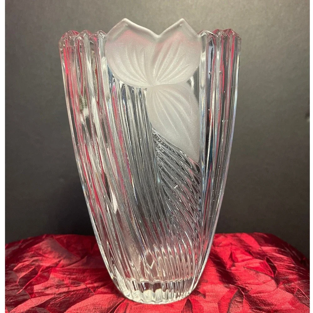 Vintage Anna Hütte Crystal Oval Vase Etched Flower Sawtooth Rim Germany 1980s